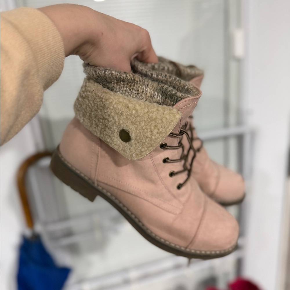 Pink Ankle Boots with Knit Cuff